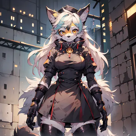 (1 girl :1.5) , in clothes like 2b, mechanized steel arms, (furries: 1.8), yellow bright eyes, very detailed, perfect quality, f...