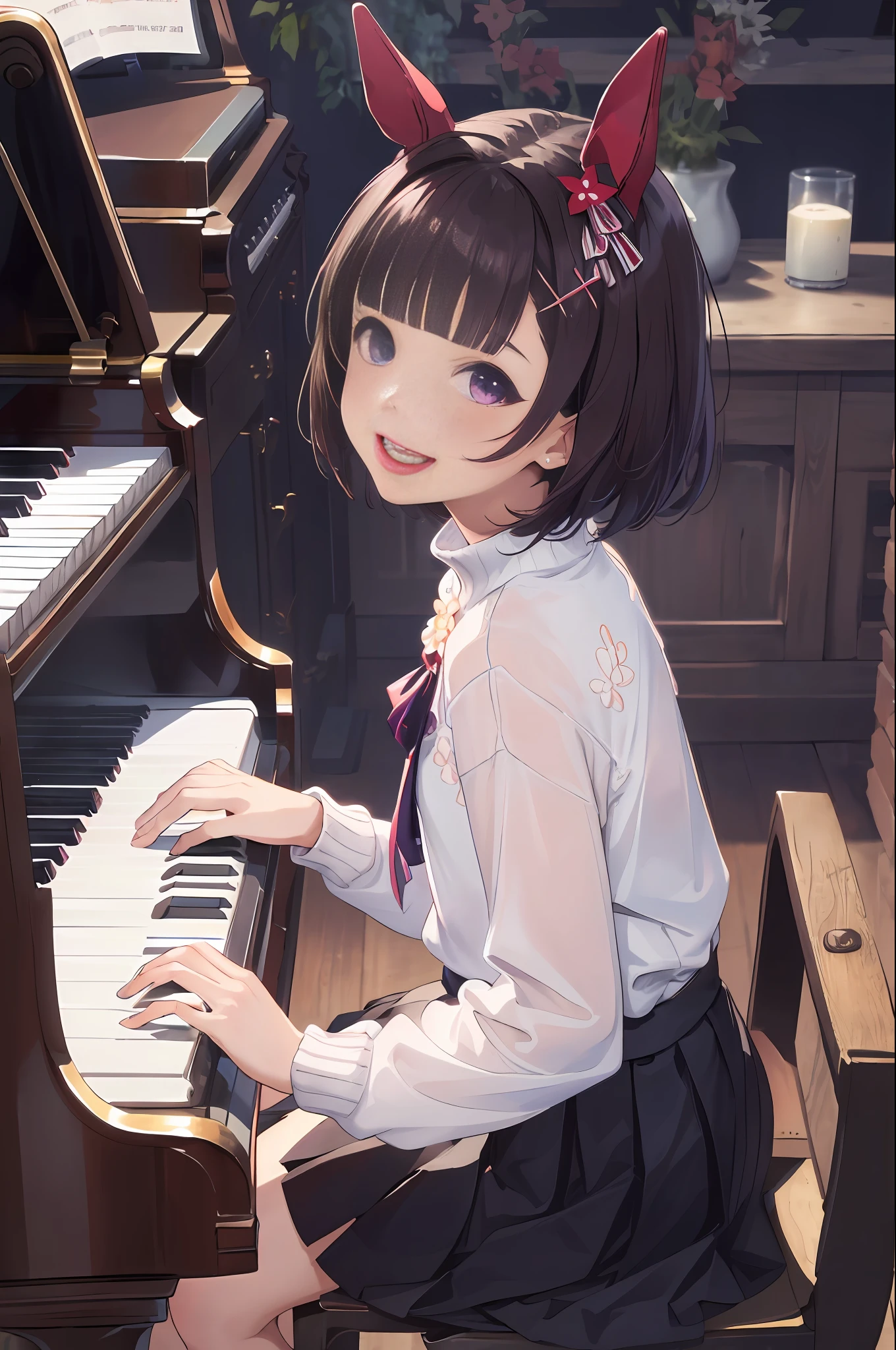 (((masterpiece))), ((best quality)), super detailed, solo,, 1 girl,(full body:1.2),nishino flower \(umamusume\),(ultra-detailed:1.3), horse ears, horse tail, lips, lipstick, seductive smile, floating hair, smile, open mouth, teeth, (sleeves less white blouse), (jumper skirt),Piano, sitting in chair, playing piano, from side,