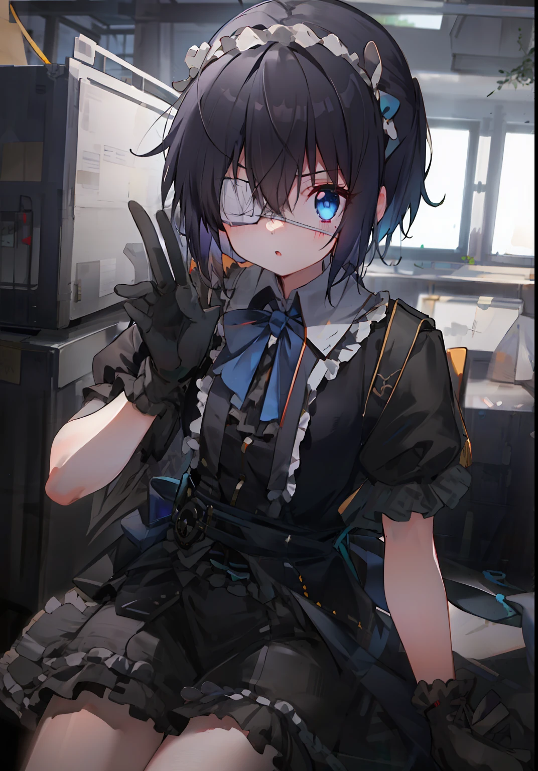 hochauflösend, Meisterwerk,Rikka Takanashi, schwarzes Haar, Allein, 1 Mädchen,Draußen,Detaillierter Hintergrund, Detaillierte Augen, ((blaue Augen)), Augenklappe