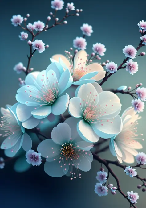 there is a close up of a bunch of flowers on a branch, paul barson, flower blossoms, beautiful digital artwork, beautiful digita...