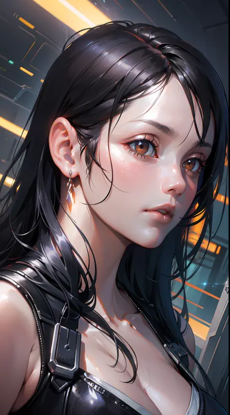 tifa ff7, oil on matte canvas, sharp details, the expanse scifi spacescape ceres colony, intricate, highly detailed, digital pai...