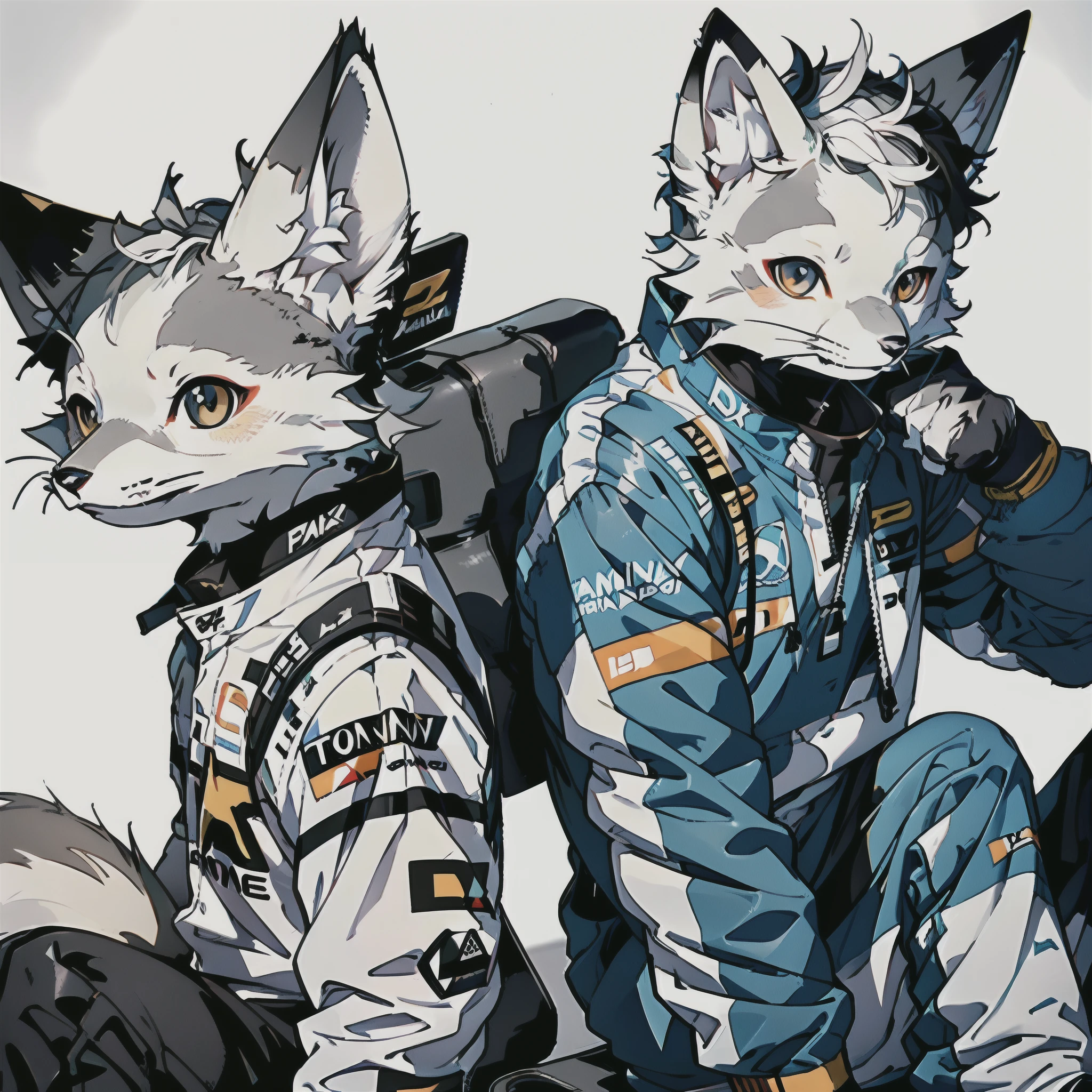 Masterpiece, high detail, super high quality, high resolution, 1080P, ((single)), furry, (male arctic fox: 1.5), (gray fur: 1.5), (gray skin: 1.5)), gray ears, (golden eyes: 1.5), (gray paws)), canine paws, detailed characters, (furry feeling of animal ears), sharp focus, wearing a racing suit, wearing a racing helmet, sitting in a Formula 1 car, formula_one