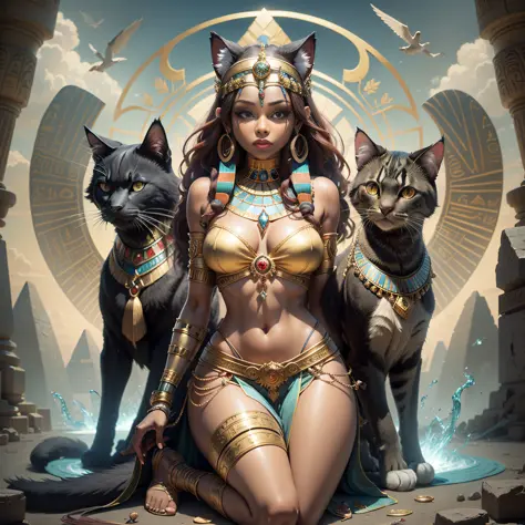 An Egyptian goddess, black skin, red hair with felines around it, goddess Sekhmet, goddess, pagan goddess, beautiful Cleopatra, goddess. Extremely high detail, tall fine beautiful goddess, kemetic, goddess sekhmet beautiful goddess, goddess of love of peac...
