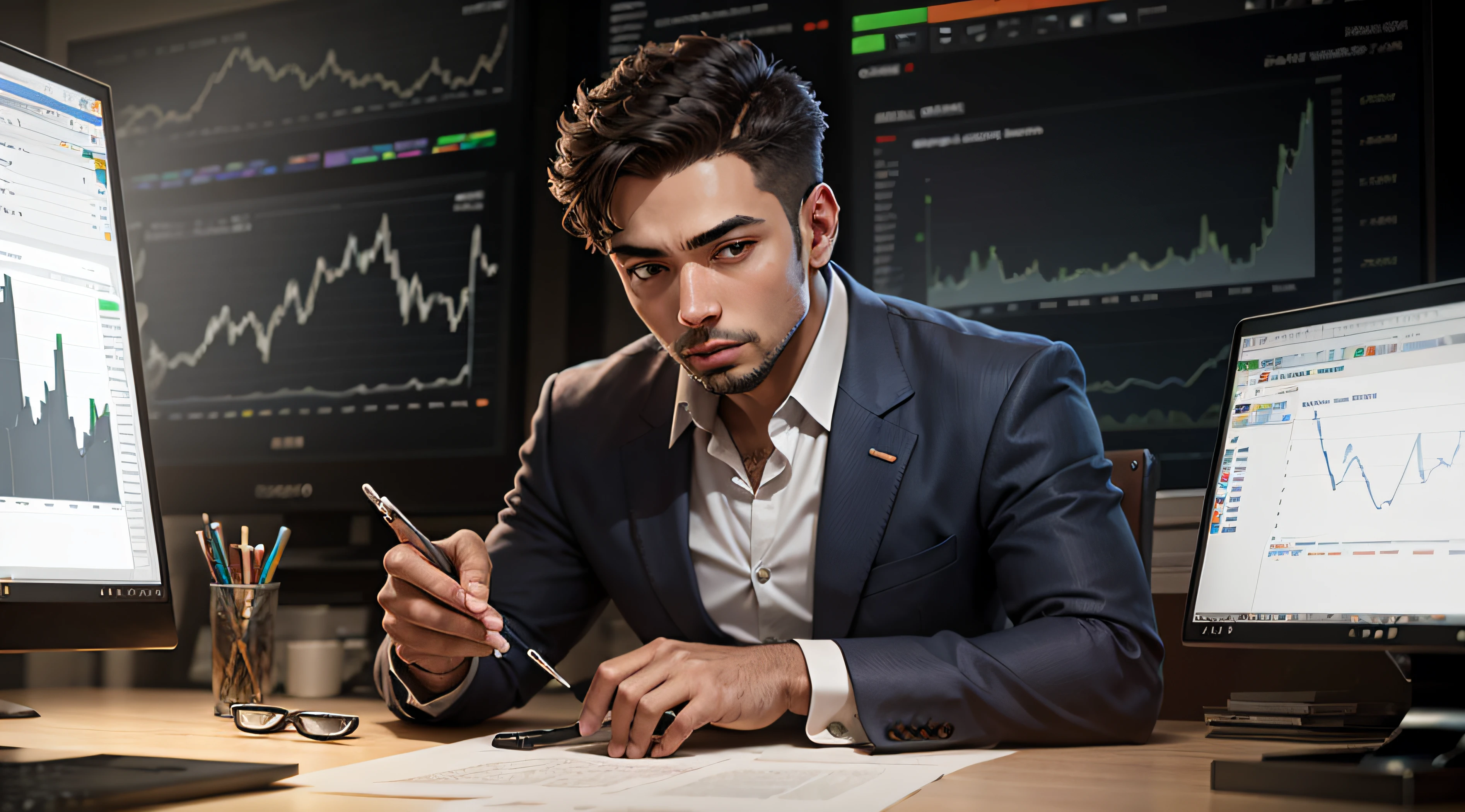 Businessman named Samuel, ambitious, white American face, looking at a computer screen, with investment chart --auto