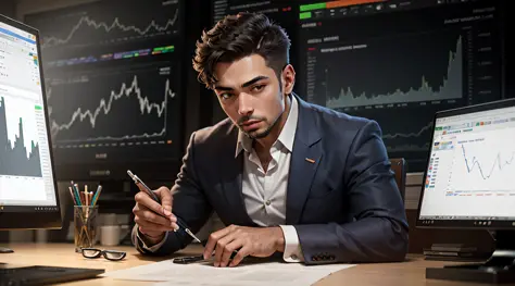 businessman named samuel, ambitious, white american face, looking at a computer screen, with investment chart --auto