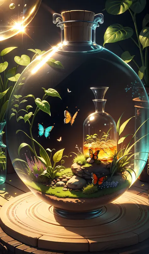 (masterpiece, best quality:1.2), (ultra detailed),(illustration), wallpaper, original, round-bottom flask, grass, vine, water, b...