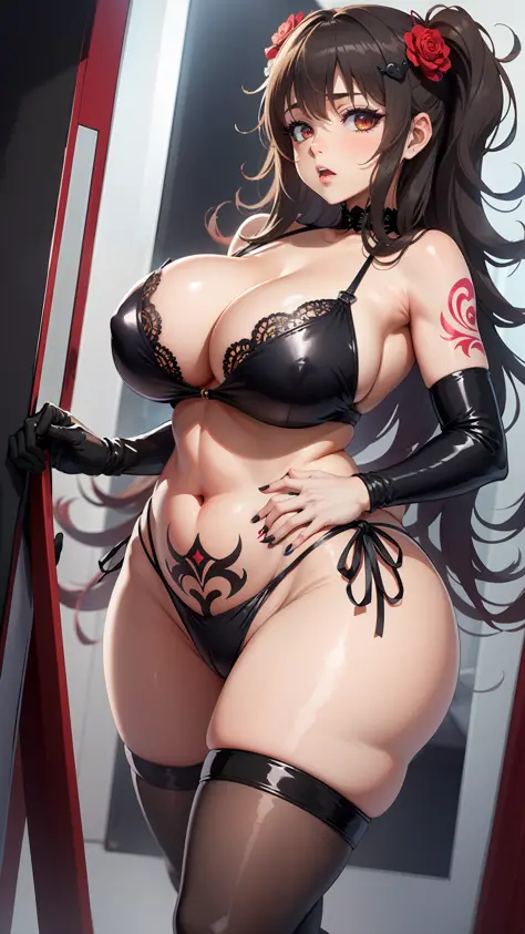 masterpiece, bikini, masterpiece, best quality, extremely plump body, sexy babe, big breasts , high gloss, dark characters, watercolor theme, (see audience: 1.1), wide hips, big ass, standing, curved, black hair, succubus hair ornament, lace gloves , belly...