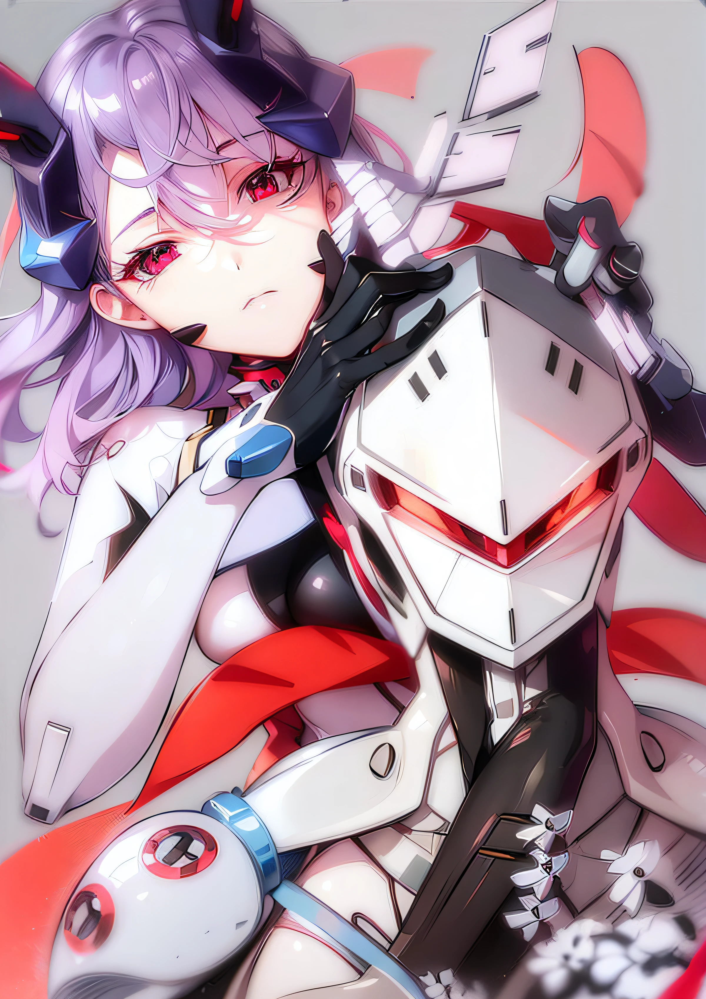 Anime girl purple hair black gloves holding white and red robot, Evangelion fanart, New Evangelion, Overwatch, Fira mecha, #机甲, anime mecha aesthetics, EVA unit 01, ethereal mecha theme, new evangelion, neon genesis new evangelion style, overwatch moira.