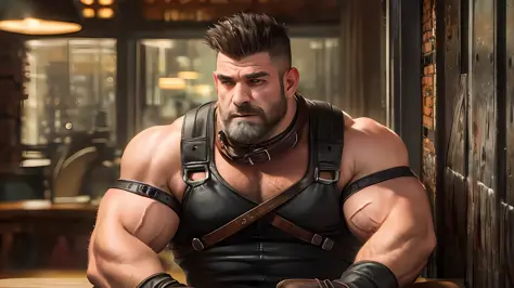 Multiple people, gay aesthetic, 8k, super detail, A portrait full body of two mid age 50 yo heavy truckers interacting each other bdsm gears, leather collar, harness, medium hair shaved sides, Strong, muscular, hairy big belly bodybuilder, jockstrap showin...