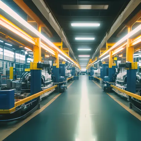 interior of an engine factory, assembly line, no people, real manufacturing process, ultra high quality, high definition, 8k, high color contrast (best quality) (detailed description)