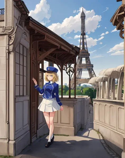 oshida , 1girl , solo,pretty face, blonde hair , short hair , blue eyes , bc free uniform , white skirt , hat , paris , eiffel t...