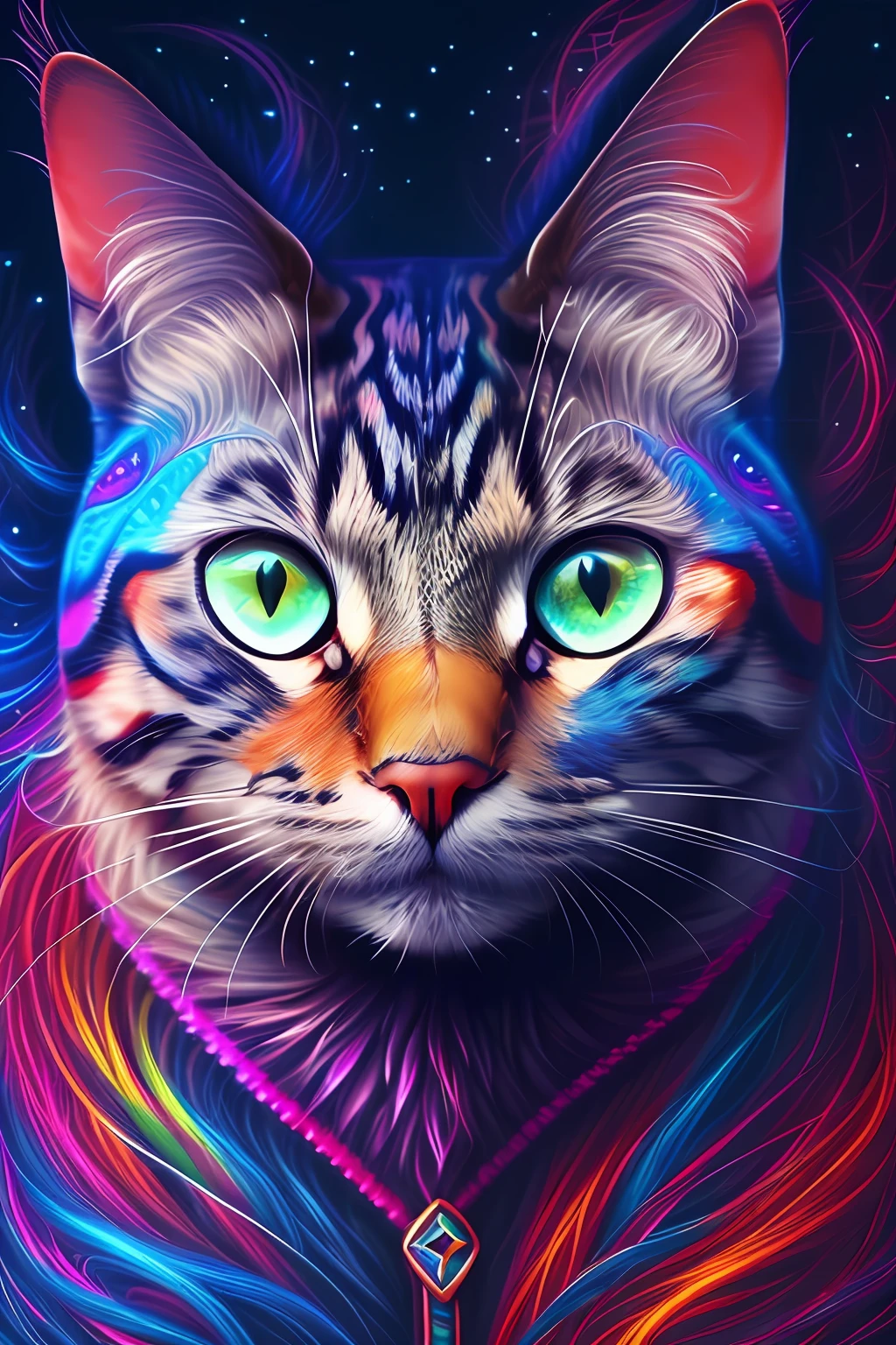 a close up of a cat's face with a colorful design, beautiful cat head, full of colors and rich detail, digital art animal photo, bright colors highly detailed, psychedelic art style, beautiful art uhd 4 k, stunning artwork, detailed digital artwork, morphing cat head, art of alessandro pautasso, digital art highly-detailed
