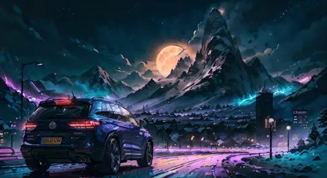 counterfeit-v3.0, city, 2022 vw tiguan, wide body kit, road, purple neon lights, moon, mountain, 
a sketch of a beautiful modern...