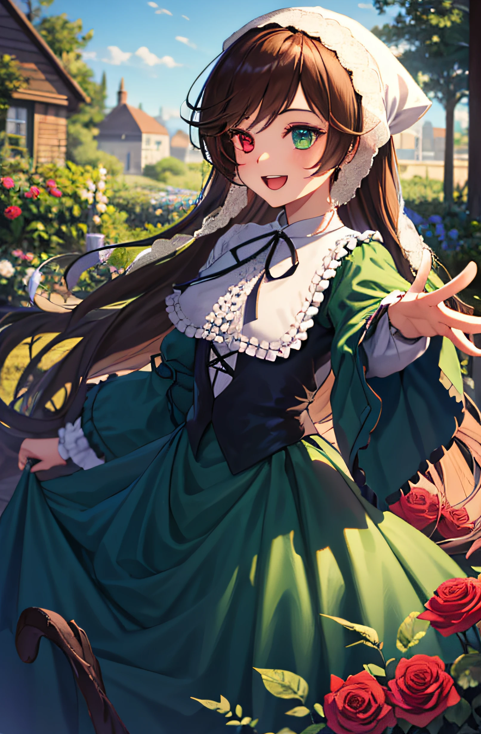(masterpiece,best quality, detailed), outdoors, garden, 1girl, solo, rose, cowboy shot, smile, open mouth, outstretched arms, looking to the side,
suiseiseki, heterochromia, twin drills, green dress, neck ribbon, bonnet, head scarf