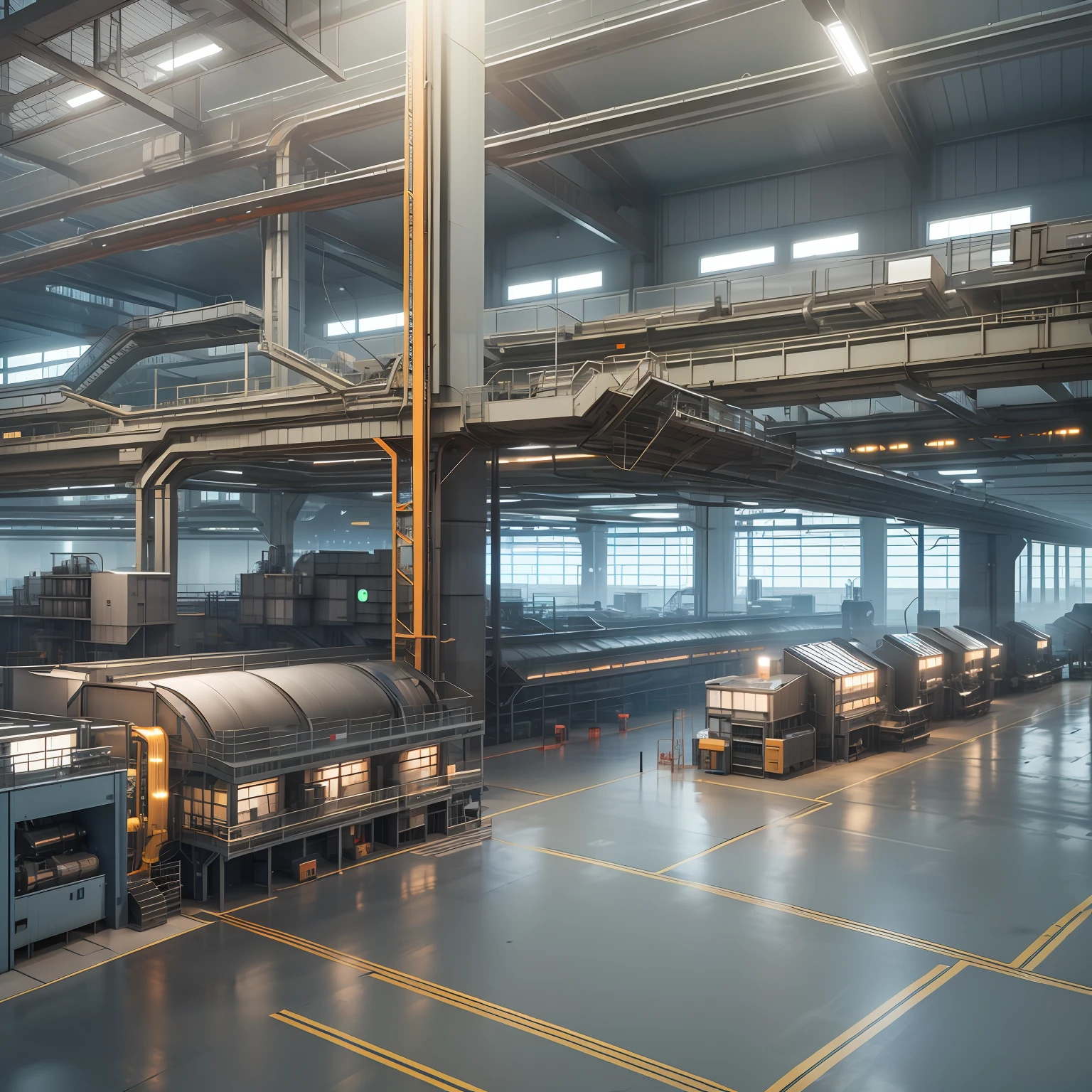 interior of an engine factory, assembly line, no people, real manufacturing process, ultra high quality, high definition, 8k, high color contrast (best quality) (detailed description)