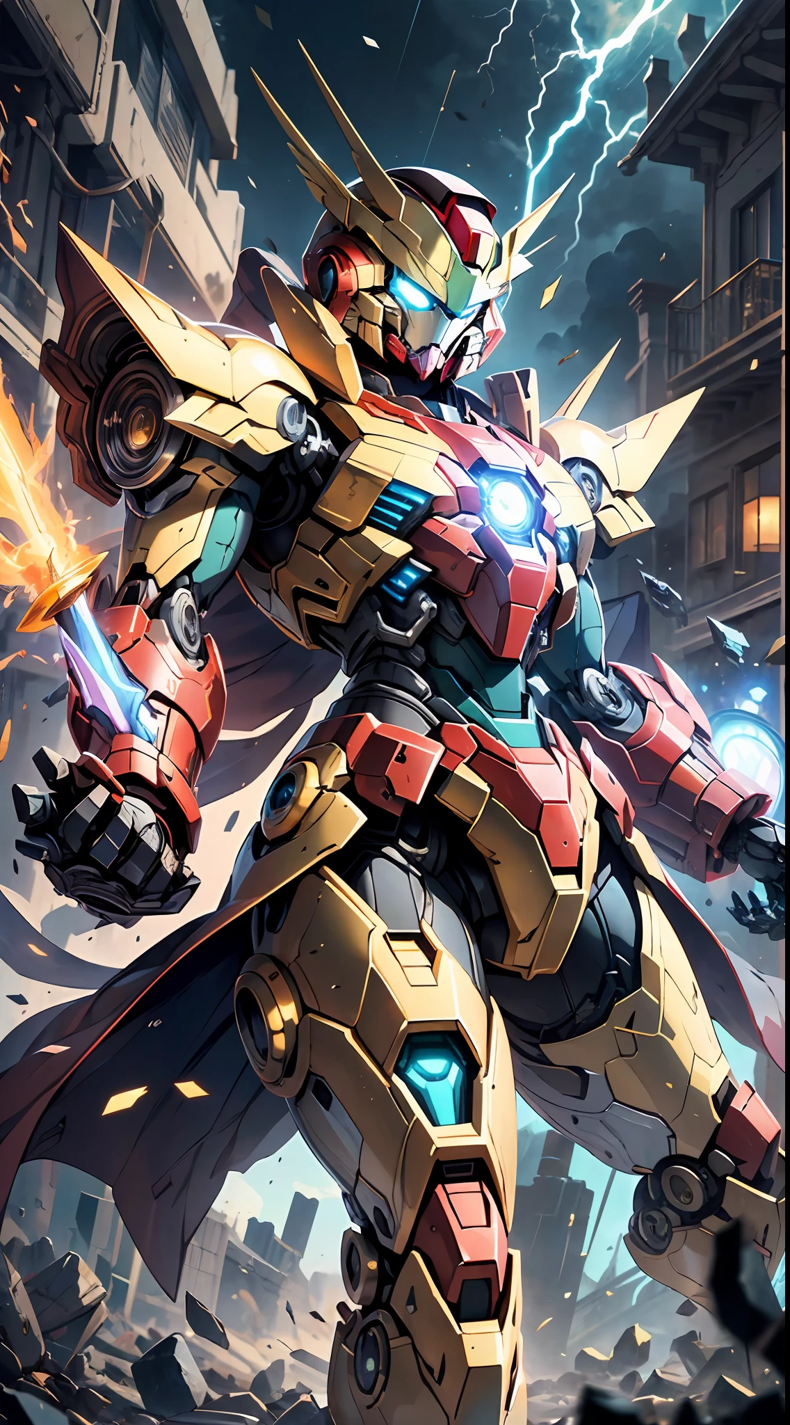 Golden Saint Seiya Limb armure, Cuirasse d&#39;Iron Man du film Marvel, (Gundam 00 Gundam Exia: 1.5), (mecha) (mechanical) (armure), (jambe ouverte: 1.3), Mécanique brisé, (grand angle), (Fond noir: 1.6), meilleure qualité, chef-d&#39;œuvre, Style cyberpunk, Visage de Gundam, épée rougeoyante à la main, Cape rouge, super résolution, (réalité: 1.4), 1garçon, larges épaules, yeux froids, détails fous, Style de moteur irréaliste, effet boca, David La Chapelle style lens, palette de couleurs bioluminescentes: bleu clair, or foncé, blanc brillant, noir brillant, grand angle, super bien, nature morte cinématographique, vibrant, style sakimichan, yeux parfaits, Qualité d&#39;image la plus élevée 8K, inspiré par Harry Winston, Chef-d&#39;œuvre de prise de vue Canon EOS R 6 "Chaos 50,--, ( Sous l&#39;œil taupe), tracé laser, surréalisme, Peau texturée, éclat métallique, regarder le spectateur, nuit de tonnerre et d&#39;éclairs, effets de particules, composition parfaite,