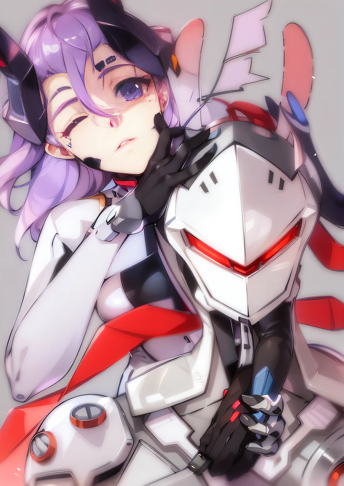 Anime girl purple hair black gloves holding white and red robot, Evangelion fanart, New Evangelion, Overwatch, Fira mecha, #机甲, anime mecha aesthetics, EVA unit 01, ethereal mecha theme, new evangelion, neon genesis new evangelion style, overwatch moira.