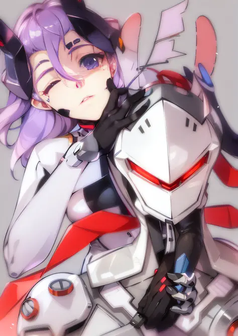 anime girl purple hair black gloves holding white and red robot, evangelion fanart, new evangelion, overwatch, fira mecha, #机甲, ...