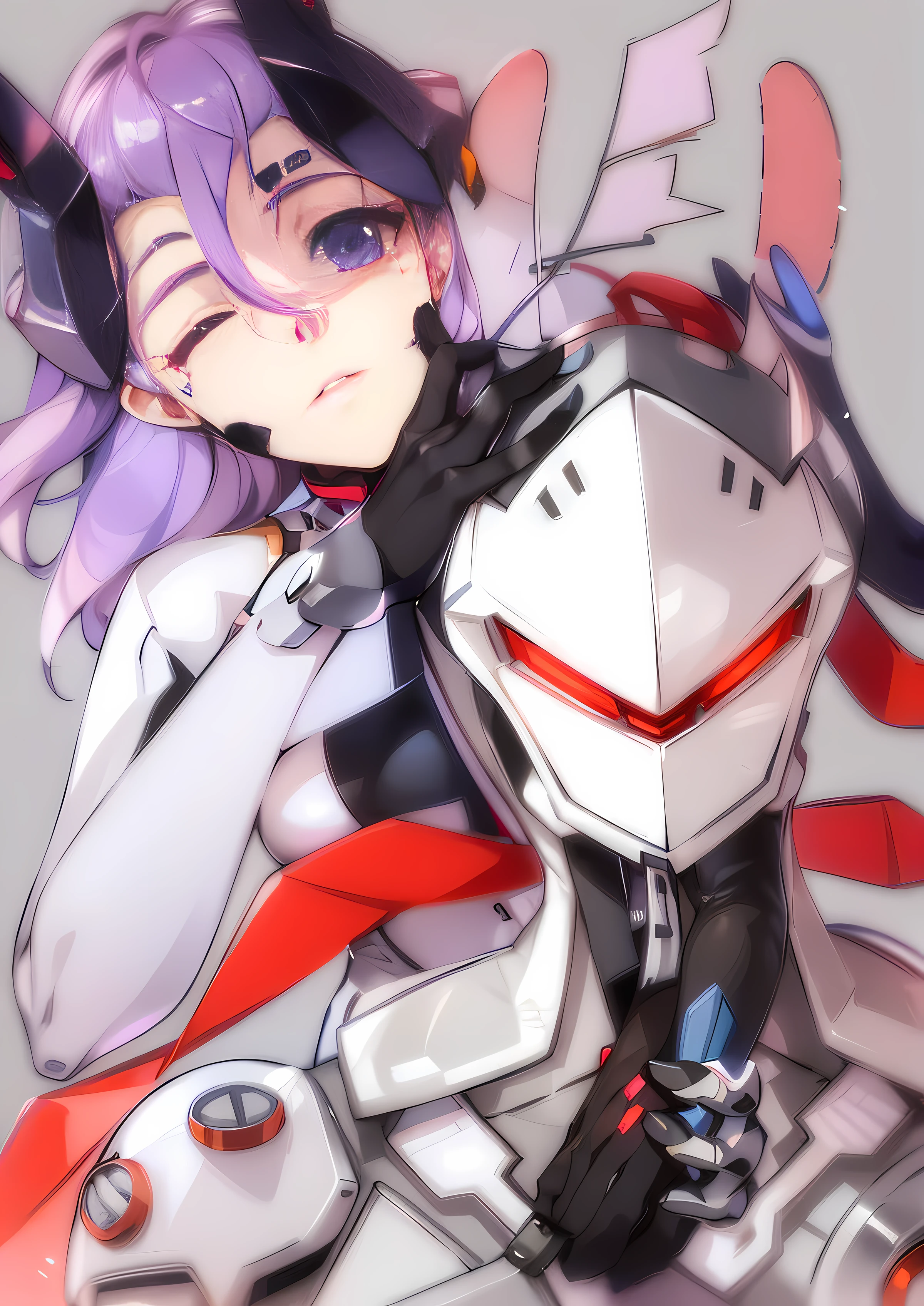 Anime girl purple hair black gloves holding white and red robot, Evangelion fanart, New Evangelion, Overwatch, Fira mecha, #机甲, anime mecha aesthetics, EVA unit 01, ethereal mecha theme, new evangelion, neon genesis new evangelion style, overwatch moira.