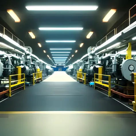 interior of an engine factory, assembly line, no people, real manufacturing process, ultra high quality, high definition, 8k, high color contrast (best quality) (detailed description)