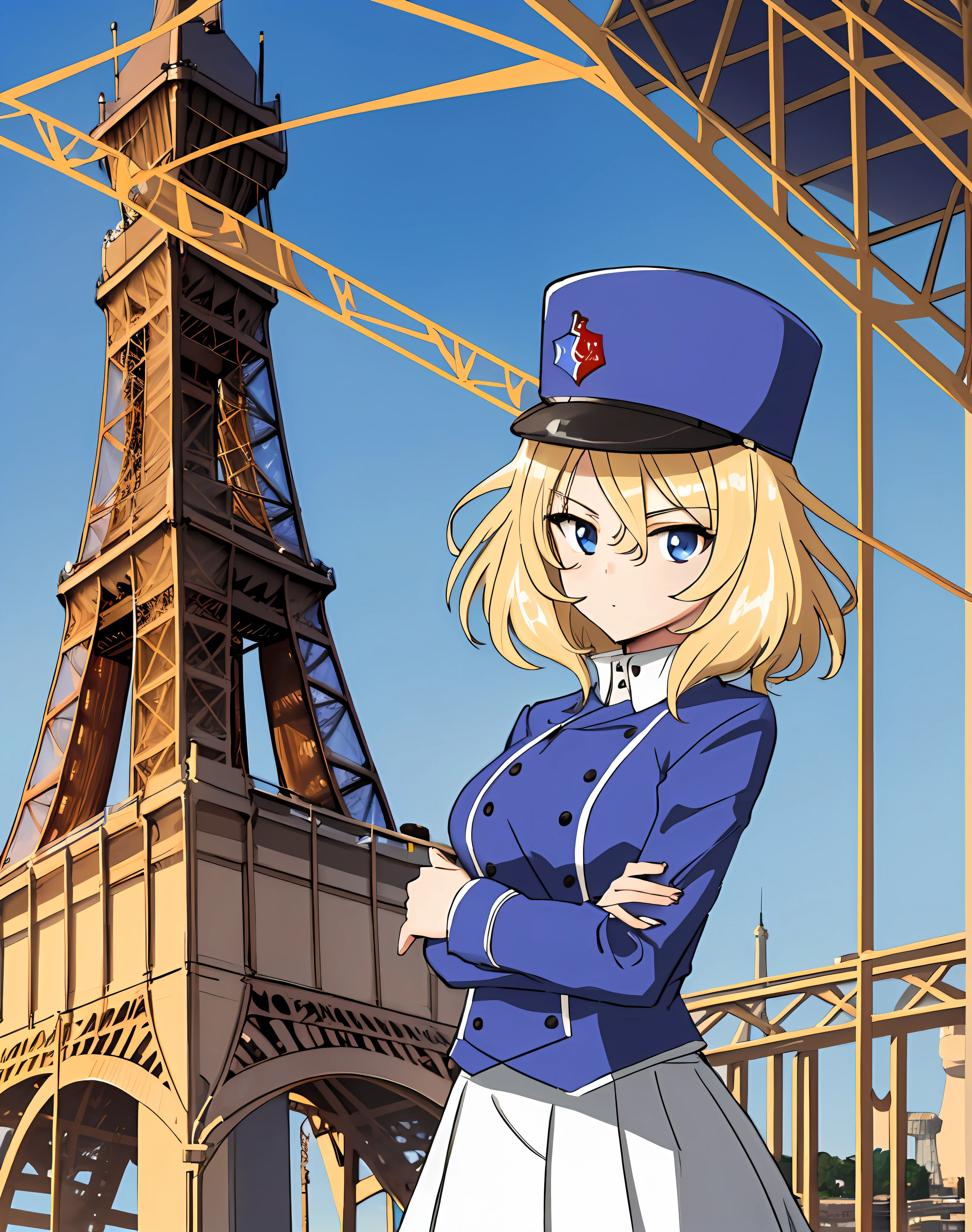 masterpiece,shading,ultra detailed,Oshida , 1Girl , Solo, Blonde hair , Short hair , Blue eyes , BC Free Uniform , White skirt , Hat , Paris , Eiffel Tower , Cowboy shot ,shading