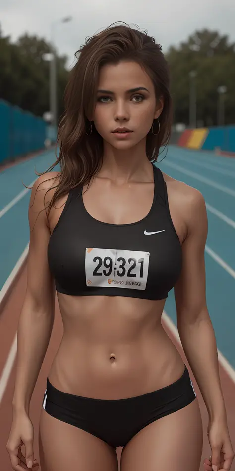 beautiful mature Swedish college girl, in track outfit, outside on track field, ((slim, petite)), photorealistic, photo, masterpiece, realistic, realism, photorealism, high contrast, photorealistic digital art trending on Artstation 8k HD high definition d...