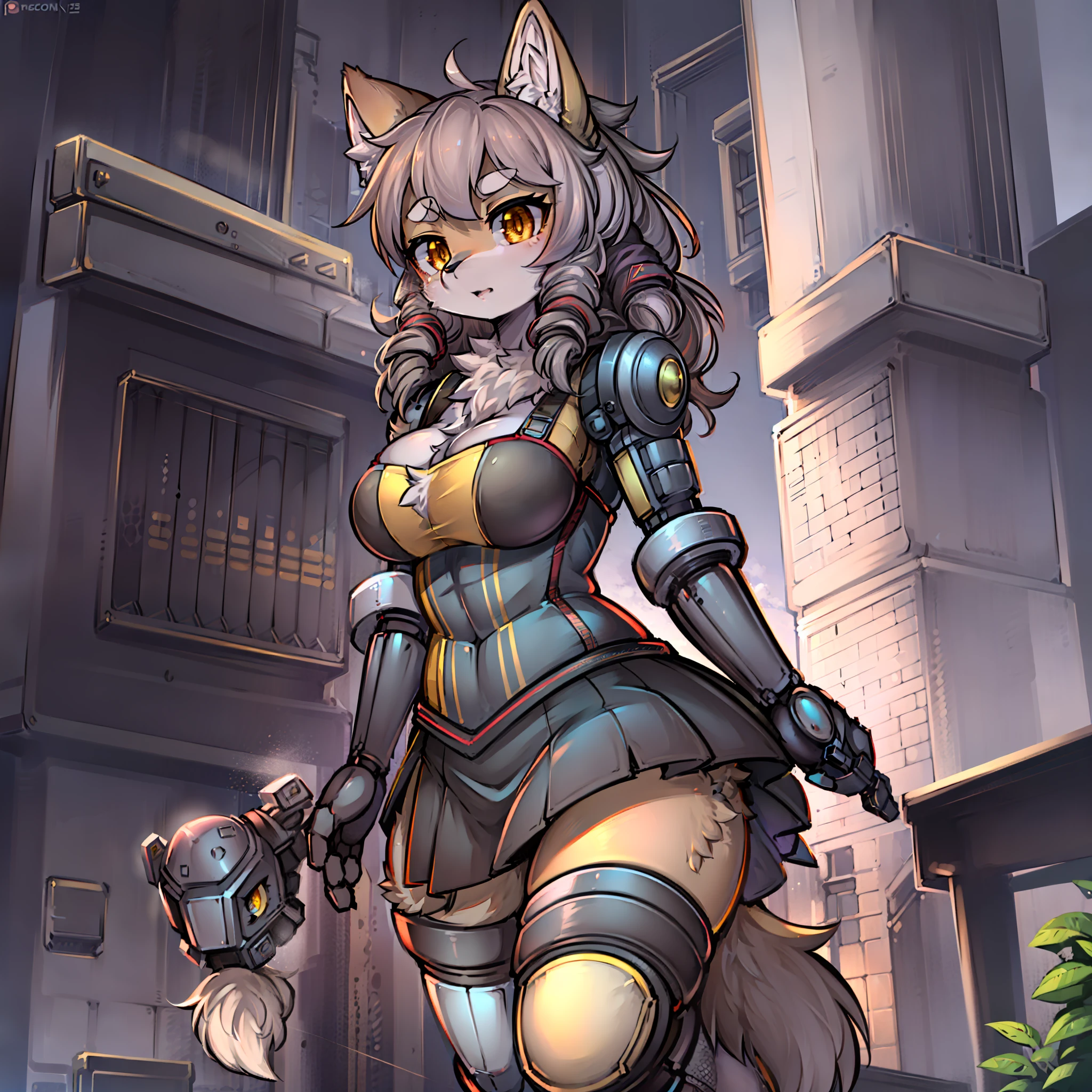 (1 girl :1.5) , in clothes like 2B, (mechanized large steel arms: 1.5), (fluffy furry: 1.8), yellow bright eyes, very detailed, perfect quality, fur at the hem of the skirt, (shepherd dog: 1.5)