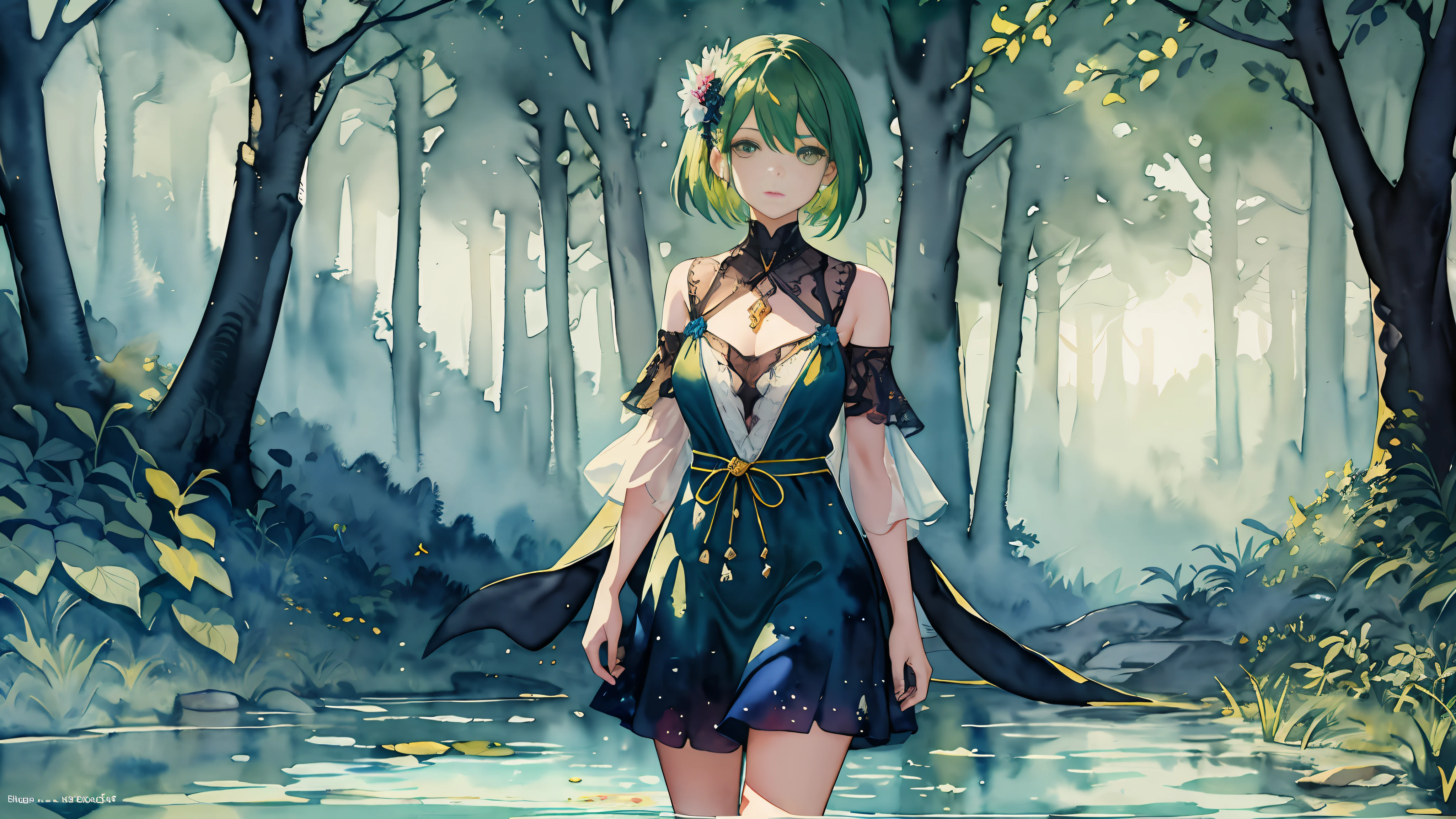 Anime girl in a forest with a stream of water - SeaArt AI