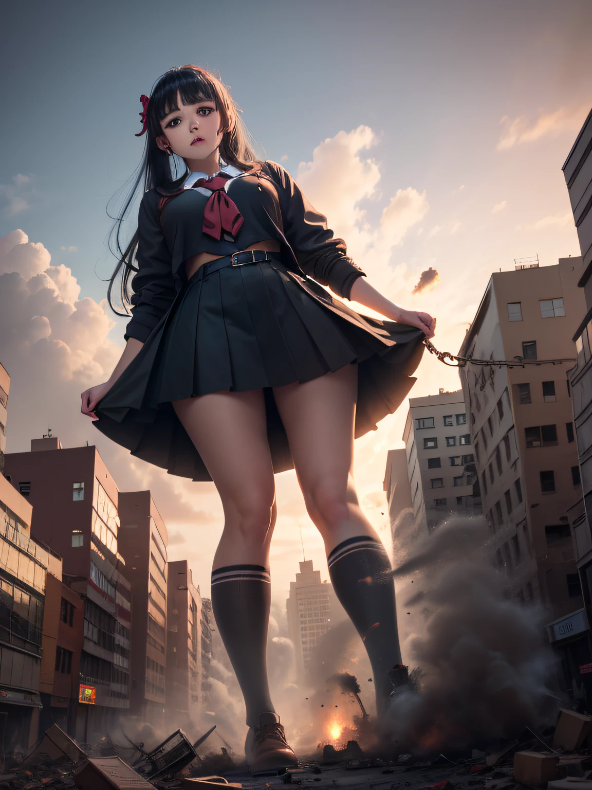 Arafed image of a woman in a school uniform standing on a pile of rubble -  SeaArt AI