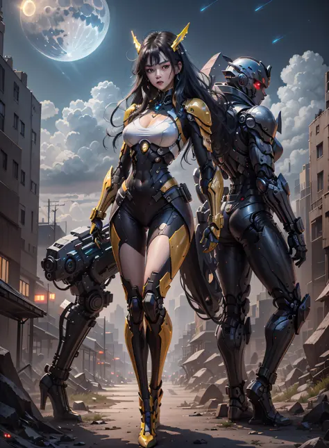 High definition (8k), Beautiful woman detailed defined body, bluish black hair, sexy full body pose wearing conan the barbarian cosplay, medium breasts, blue uniform, red, white, golden yellow high-tech, cyberpunk, futuristic, scenery with night sky with c...