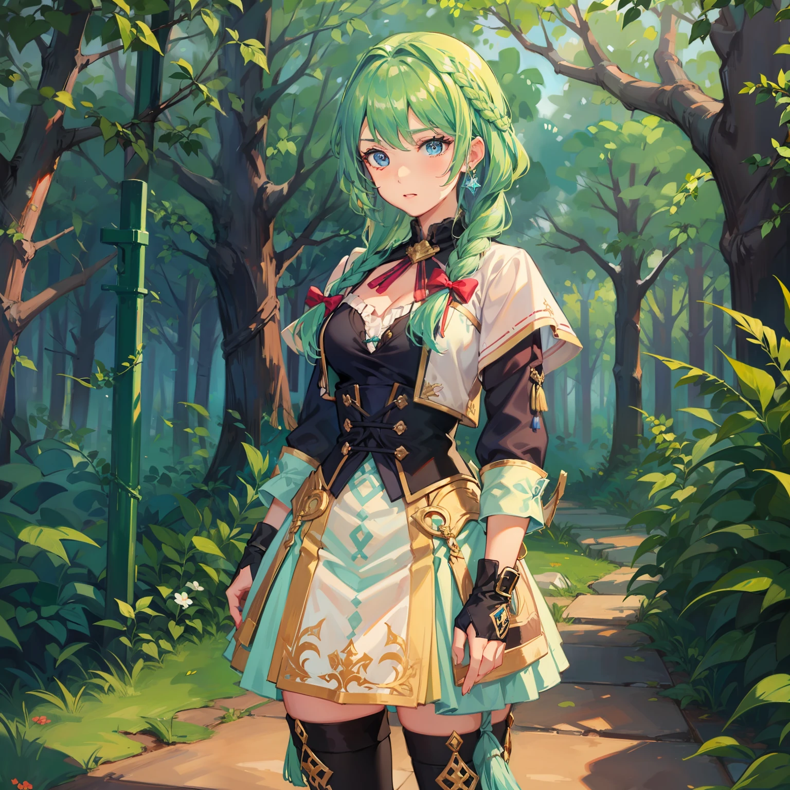 A female teen with short braided hair. Has light-blue eyes. Wears an adventurer's outfit