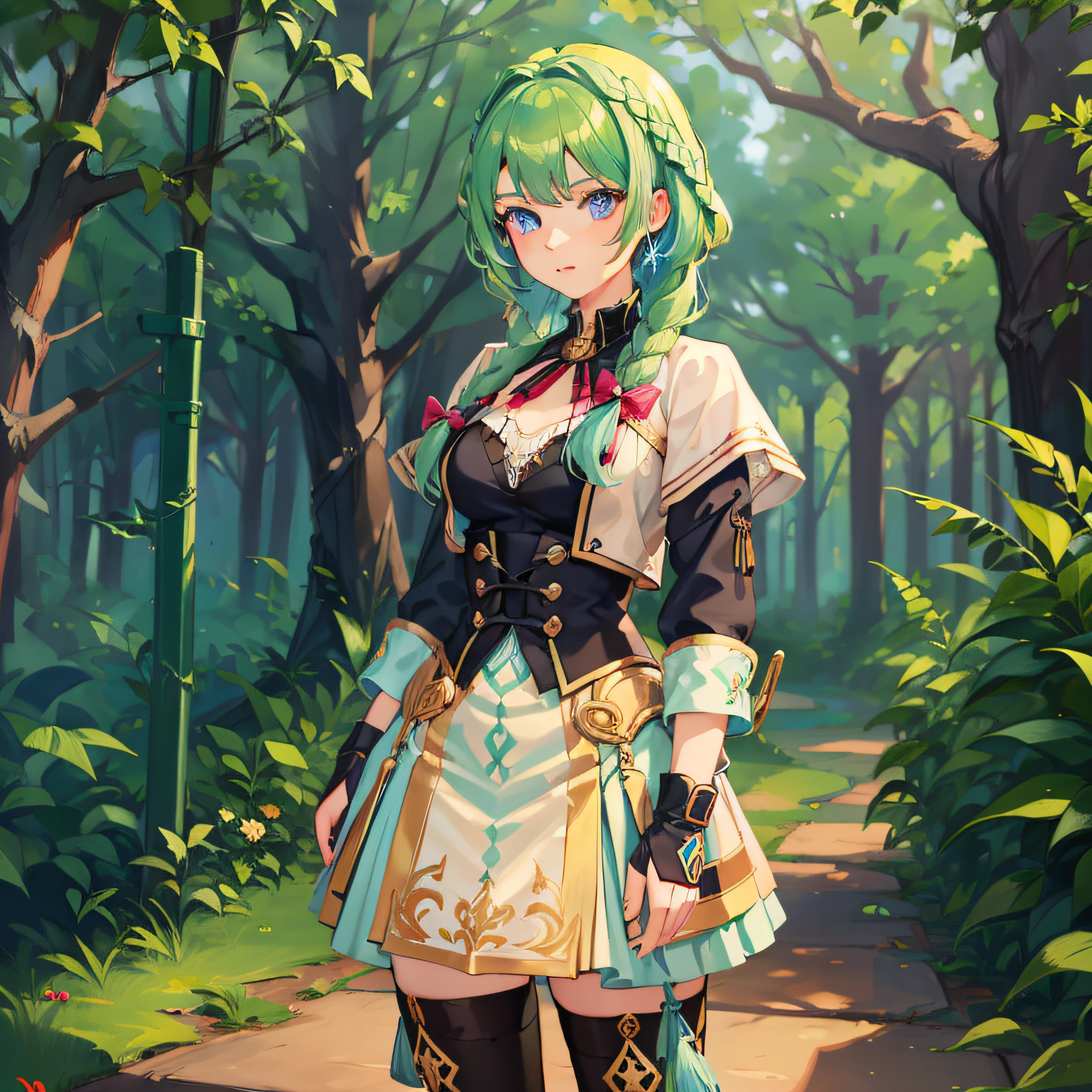 A female teen with short braided hair. Has light-blue eyes. Wears an adventurer's outfit