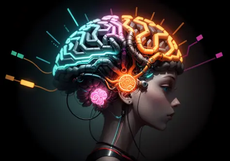 A stylized brain with bright circuits and vibrant colors