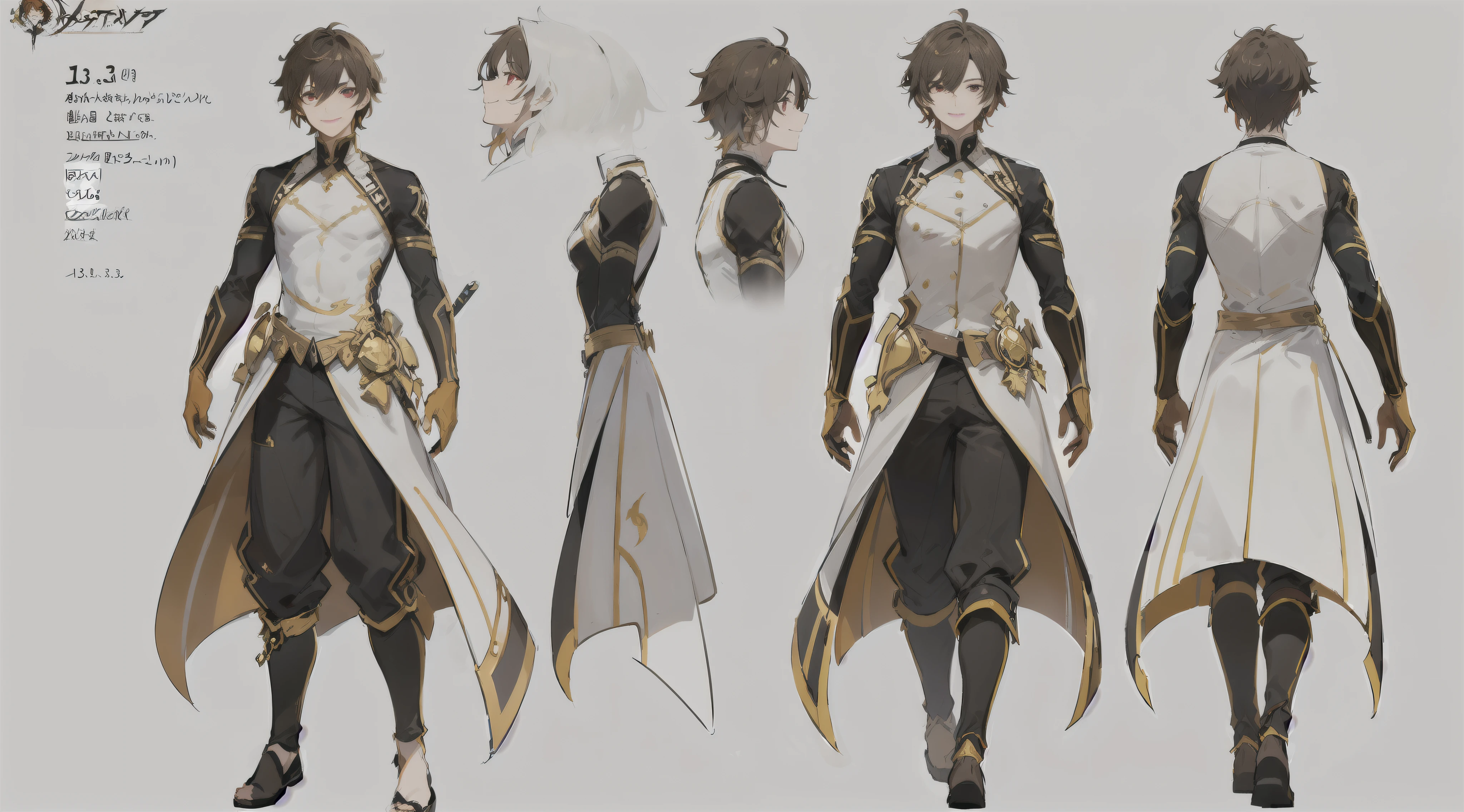 ((masterpiece)),(((best quality))),(character design sheet,same character,front,side,back), 1man, handsome elderly man, solo, medium hair, red eyes, masterpiece, best quality, looking at around, full body, 180cm tall, detailed, smiling, charturnbetalora, concept art, character concept art, character sketch, reference sheet, character sheet, (simple background, white background: 1.3), battle stance