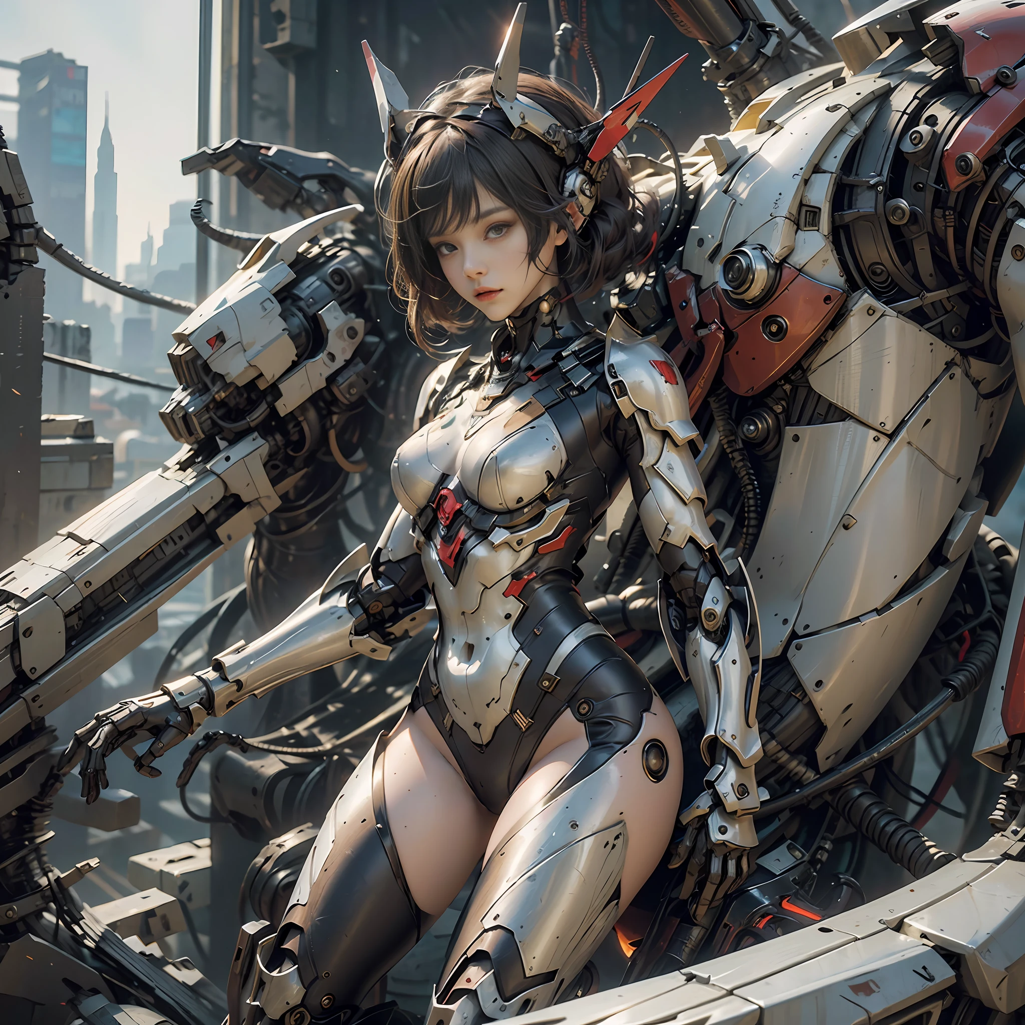 (masterpiece), (best quality), 8k resolution, ultra detailed, 1girl, solo, beautiful girl, girl in mechanical armor, red armor, ultra detailed armor, futuristic, face light, hard lighting, cool pose, mecha, mechanical, stand, full body, sexy