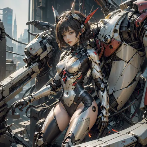 (masterpiece), (best quality), 8k resolution, ultra detailed, 1girl, solo, beautiful girl, girl in mechanical armor, red armor, ...