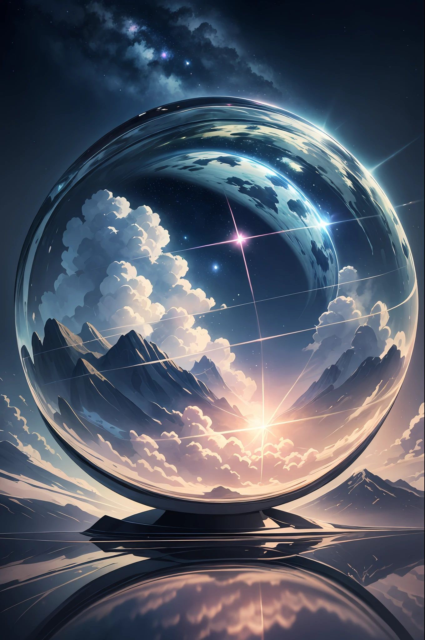 A giant mirror sphere floating in space, flickering lights, (green fields like the sky surrounded by high mountains and clouds: 1.3), particles in the air, divine rays, stars in the background, complex fractals, detailed, (illustration), masterpiece, high resolution, better quality.