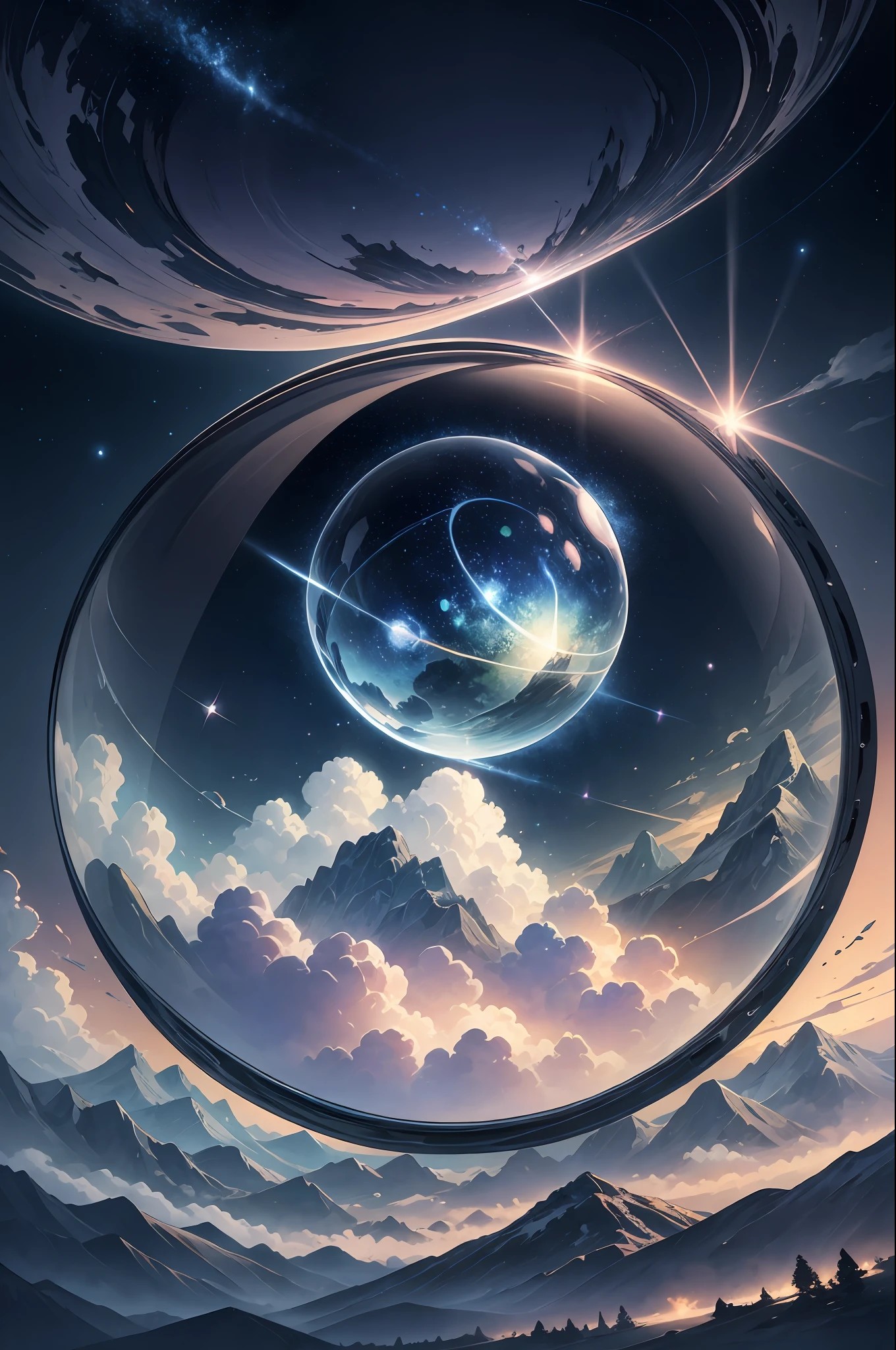 A giant mirror sphere floating in space, flickering lights, (green fields like the sky surrounded by high mountains and clouds: 1.3), particles in the air, divine rays, stars in the background, complex fractals, detailed, (illustration), masterpiece, high resolution, better quality.