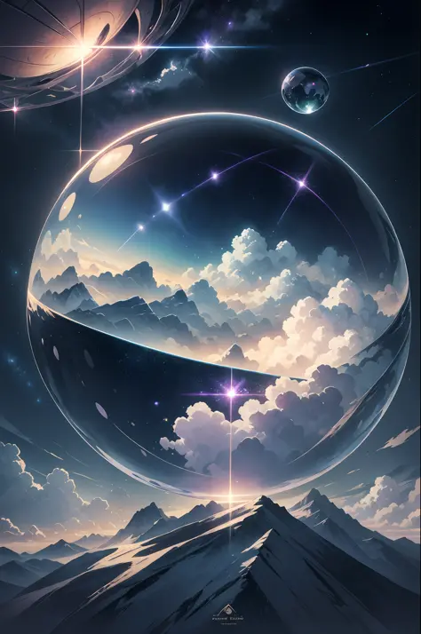 A giant mirror sphere floating in space, flickering lights, (green fields like the sky surrounded by high mountains and clouds: ...