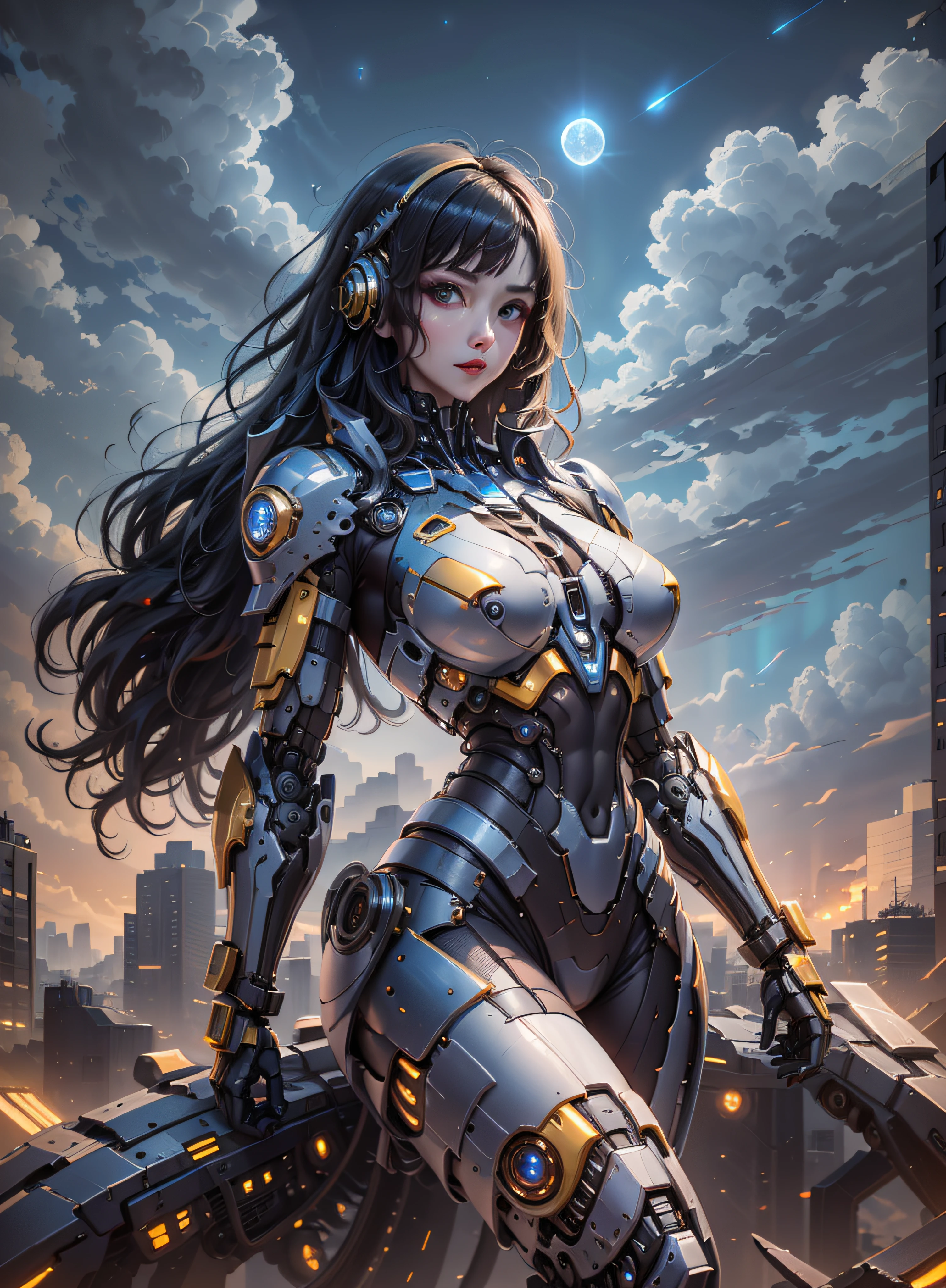 Haute définition (8k), Corps défini détaillé de belle femme, cheveux noirs bleutés, pose sexy du corps entier portant Conan le cosplay barbare, seins moyens, uniforme bleu, rouge, blanc, High-tech jaune doré, cyberpunk, Futuriste, paysage avec ciel nocturne avec nuages, lune,