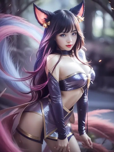 Highly detailed, High Quality, Masterpiece, beautiful, sharp focus, shiny skin, medium breasts, ahri from league of legend, armor, blue eyes, red lipstick, ulzzang-6500-v1.1