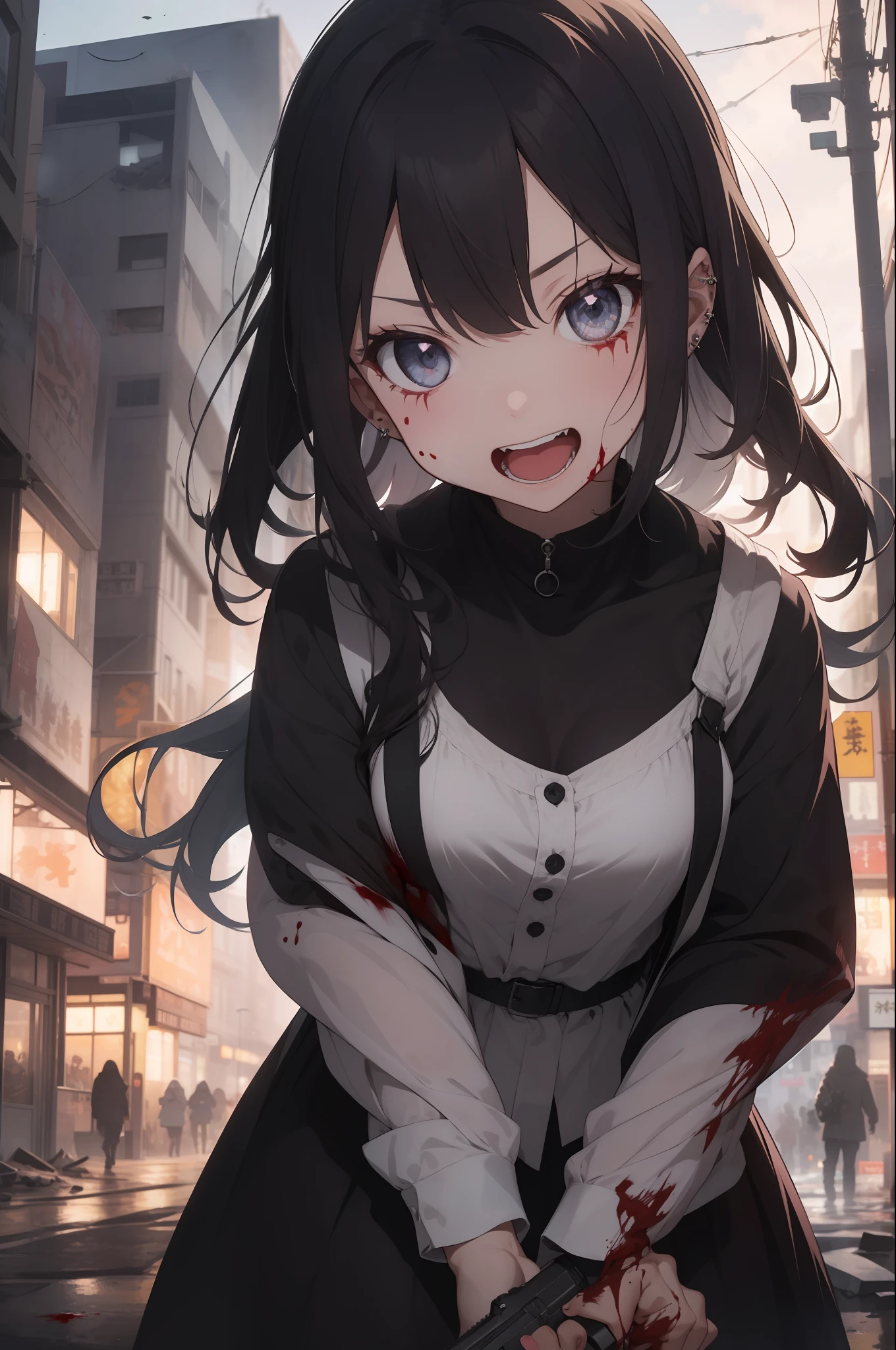 Anime girl with bloody hands holding a knife in a city - SeaArt AI