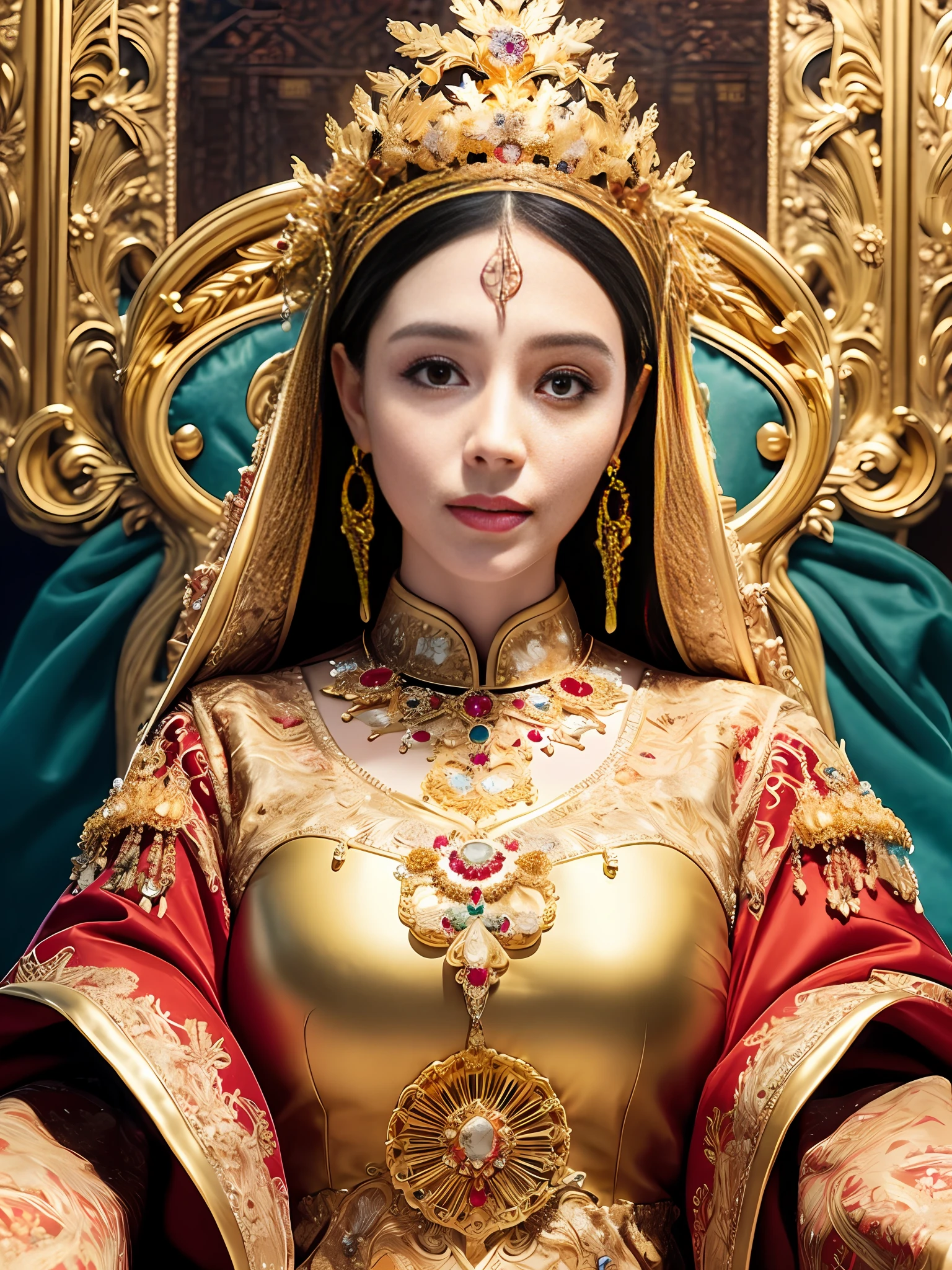 best quality, masterpiece, detail, intricate detail, realistic cinematic lighting, (fantasy art: 1.6), (seiza: 1.1), (front: 1.2), upright, royal, majestic, queen, (huge and golden throne: 1.4), crown, close-up front, solemn, throne, upright posture, seriousness, dignity, gaze ahead, contemplation, jewelry, solo, divine ray, 1 woman, gold and red dress, golden palace,