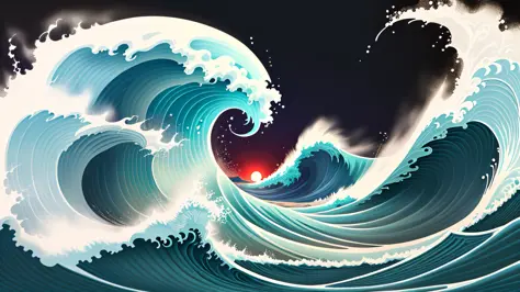 Sticker, work of Hokusai, Ukiyo-e style, Statue of Liberty 1900, psychedelic, abstract. The foreground is like the wave off Kanagawa. The wave is transforming into the head of the dragon. --auto