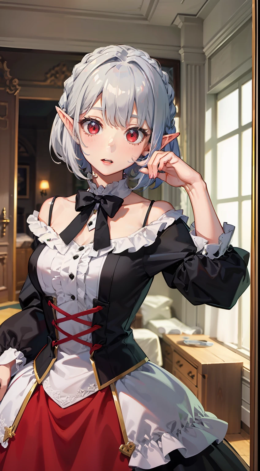 ((Put your hands on your face)), ((surprised)), (Red face), Full body of one girl, Elf, Silver hair, Red eyes, Braid hair, Bob cut, Gothic Lolita, Dress, Ruffles, Indoors, Mirror, TS, Concept art, Beautiful anime scene, Beautiful anime scenery, Best quality, Masterpiece, 4K