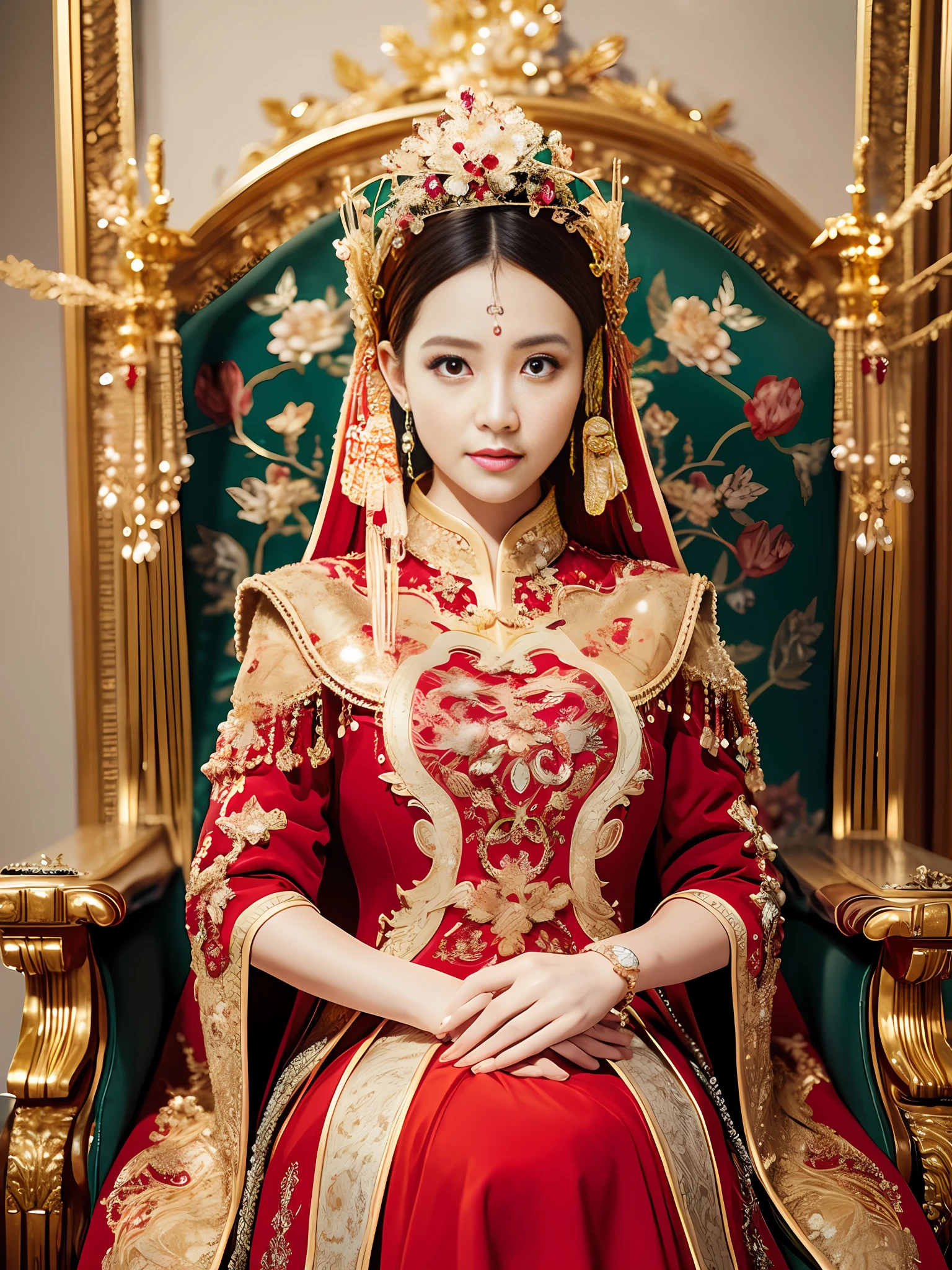 Best quality, masterpiece, detail, intricate detail, realistic cinematic lighting, (fantasy art: 1.6), (seiza: 1.1), (front: 1.2), upright, royal, majestic, queen, (huge and golden throne: 1.4), crown, close-up front, solemn, throne, upright posture, seriousness, dignity, gaze ahead, contemplation, jewelry, solo, divine ray, 1 woman, gold and red dress, golden palace,