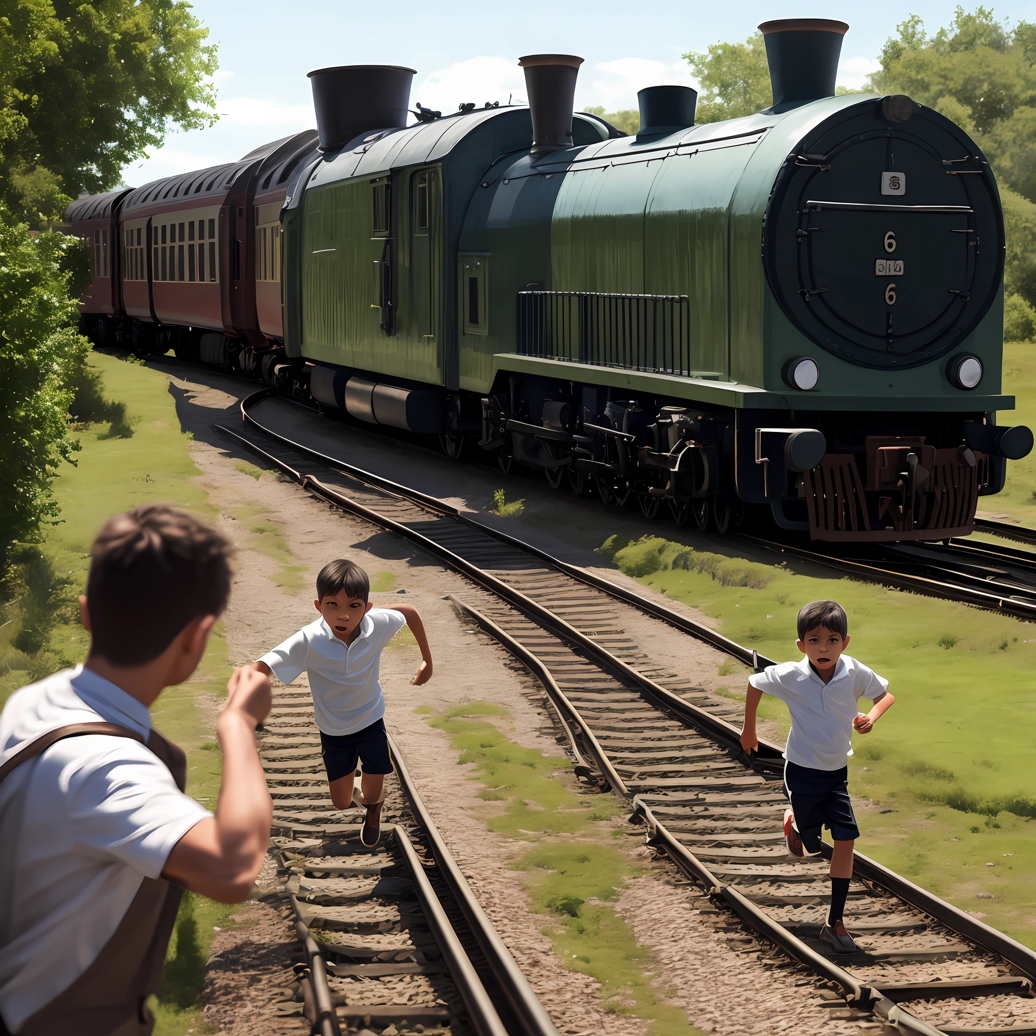 There are two boys running on the tracks near a train - SeaArt AI