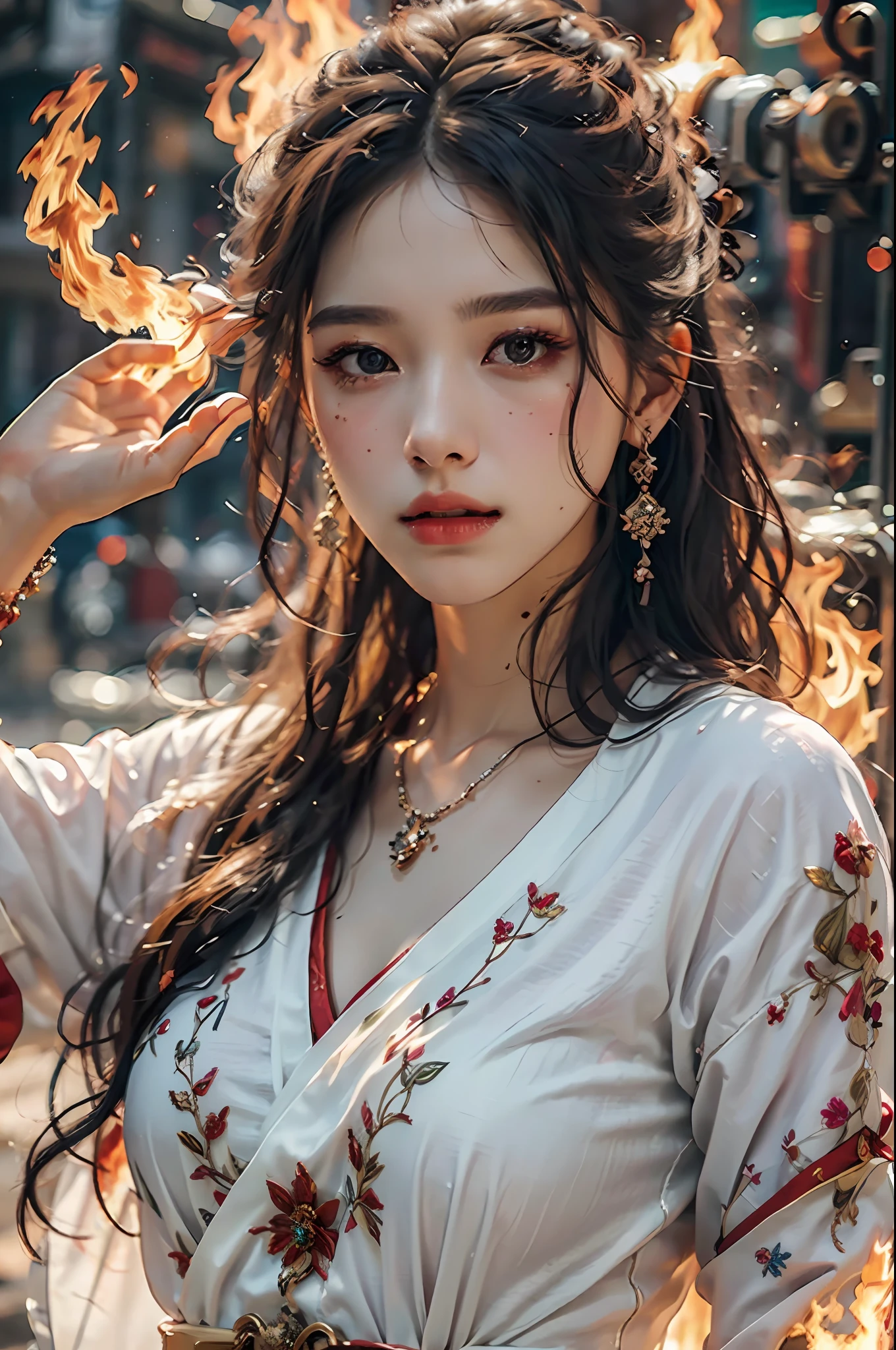 Best quality,masterpiece,ultra high res,(photorealistic:1.4)1girl,beautiful_face,detailed skin,full body,yuhuoshu,jewelry,solo,earrings,(fire:1.3),blurry,realistic,lips,