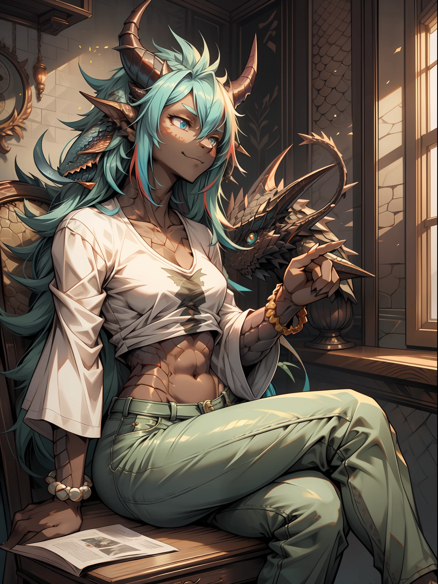 (dragan), woman, antrum, 1girl, alone, delicate body, slim body, far, small body, bracelets, multicolored hair, long hair, horns, dragon horns, anime style, high quality, best quality, flaking skin, sitting, sitting in a chair, in a room, crossed legs, realistic style, scales, dark scales, leg with scales on thigh, arms with scales, face with scales, dark skin,  Flaky skin, textured scale, closed clothes, closed pants, white t-shirt, long sleeve blouse, black blouse,