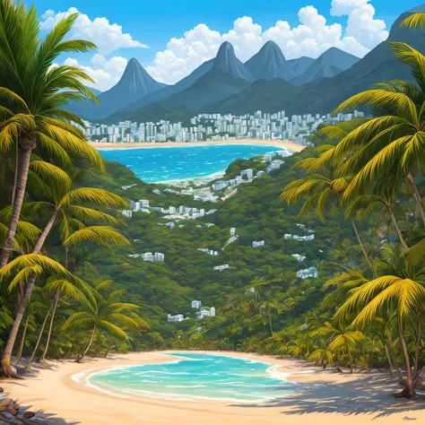 There is a painting of a beach in Rio de Janeiro, Brazil, with palm trees and a towel, paradisiacal tropical beach, Ross Tran. Scenic background, painted in Anime Painter Studio, tropical beach, relaxing concept art, highly detailed digital painting, anime...